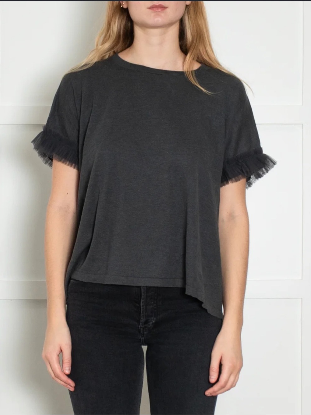 Brunello Cucinelli black draped relaxed fit tulle trim shirt